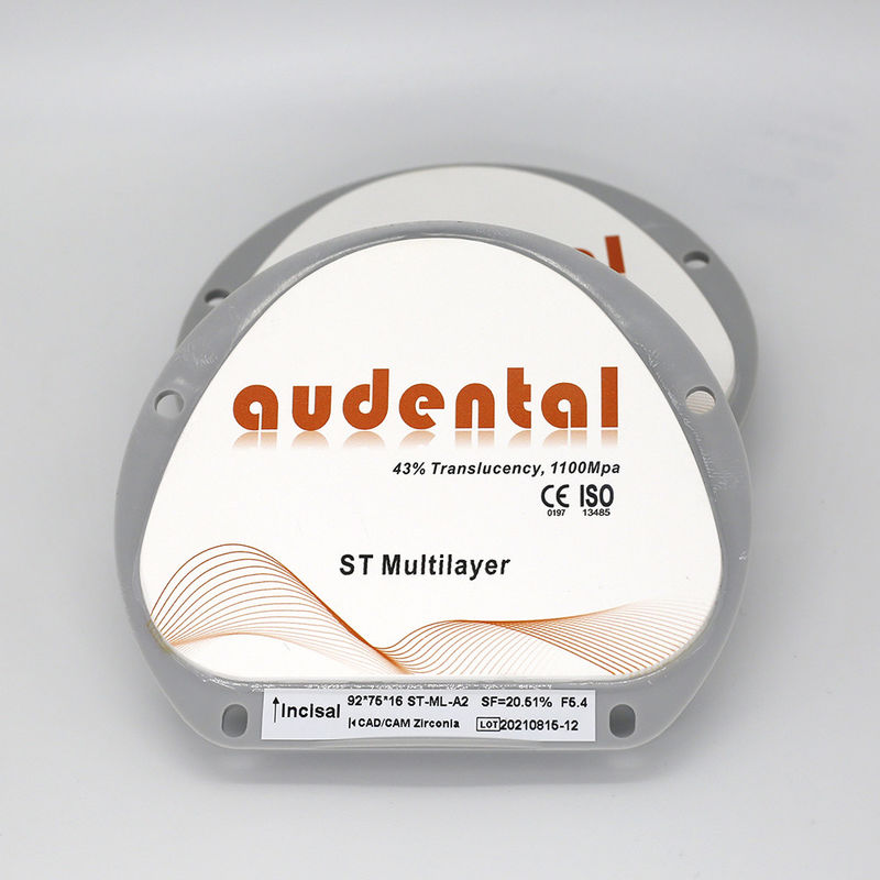 1100Mpa 43% Translucent ST Multilayer Zirconia Blocks untuk Fineer Lemes Vita 16 Warna
