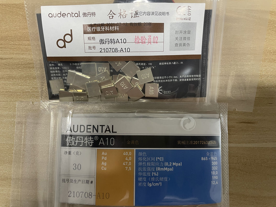 Audental A10 Alloy Logam Mulia Kuning Au40% Untuk Restorasi Mahkota Dan Jembatan