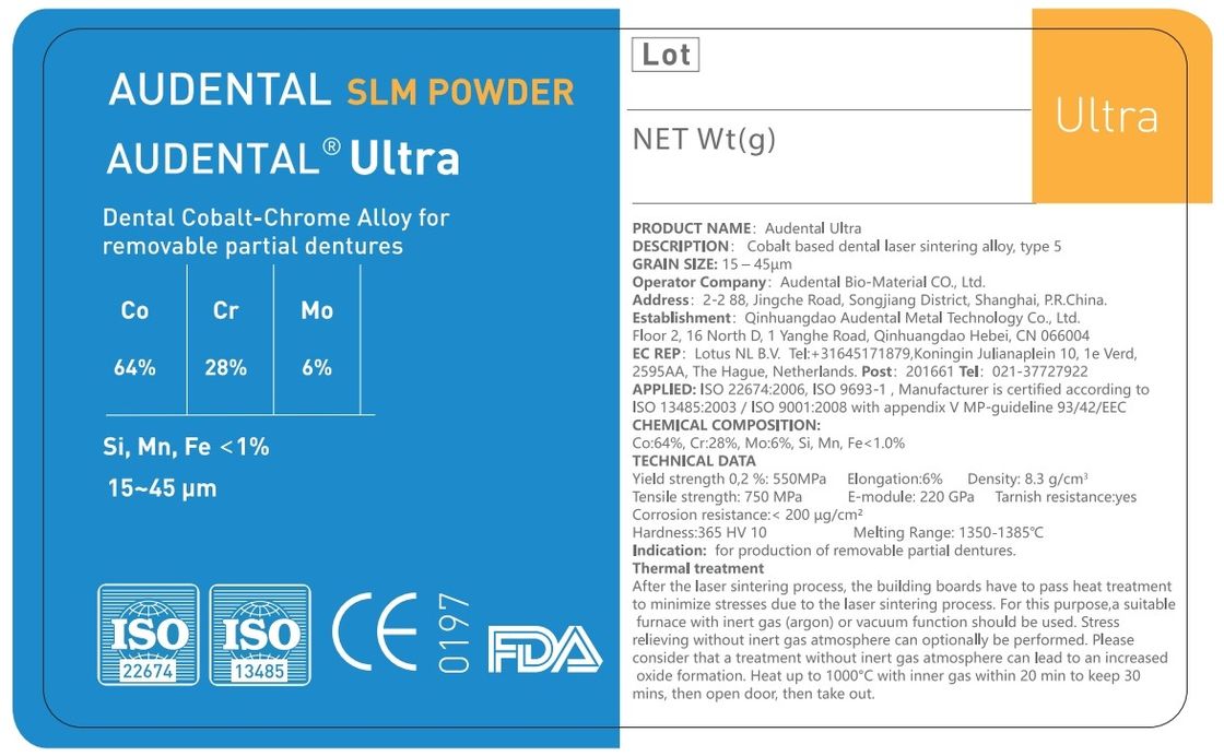 Audental Ultra SLM Powder CoCrMo Material untuk CE FDA IdentAlloy Sertifikasi Dental 3D Metal Printing