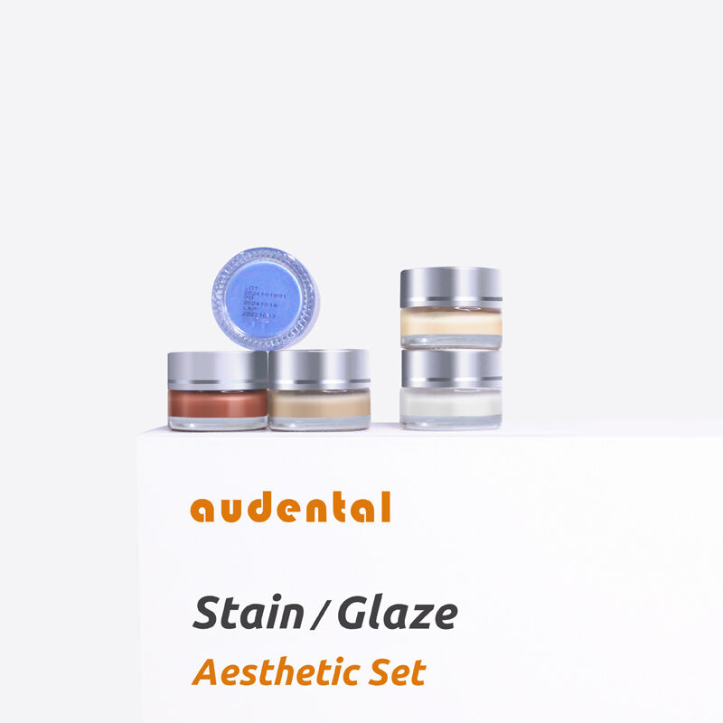 Peralatan laboratorium gigi dengan sistem pewarnaan untuk tekstur permukaan yang mirip dengan kehidupan dan glaze brilian dalam restorasi gigi