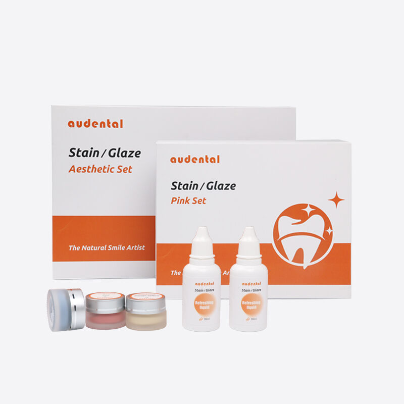 Peralatan laboratorium gigi dengan sistem pewarnaan untuk tekstur permukaan yang mirip dengan kehidupan dan glaze brilian dalam restorasi gigi